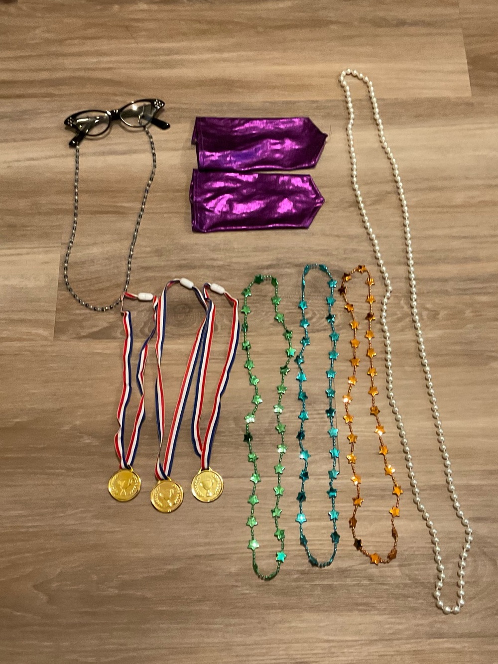 Kids Costume Jewelry Set with Pearls, Beads & Medals - Purple, Green, Blue, Gold